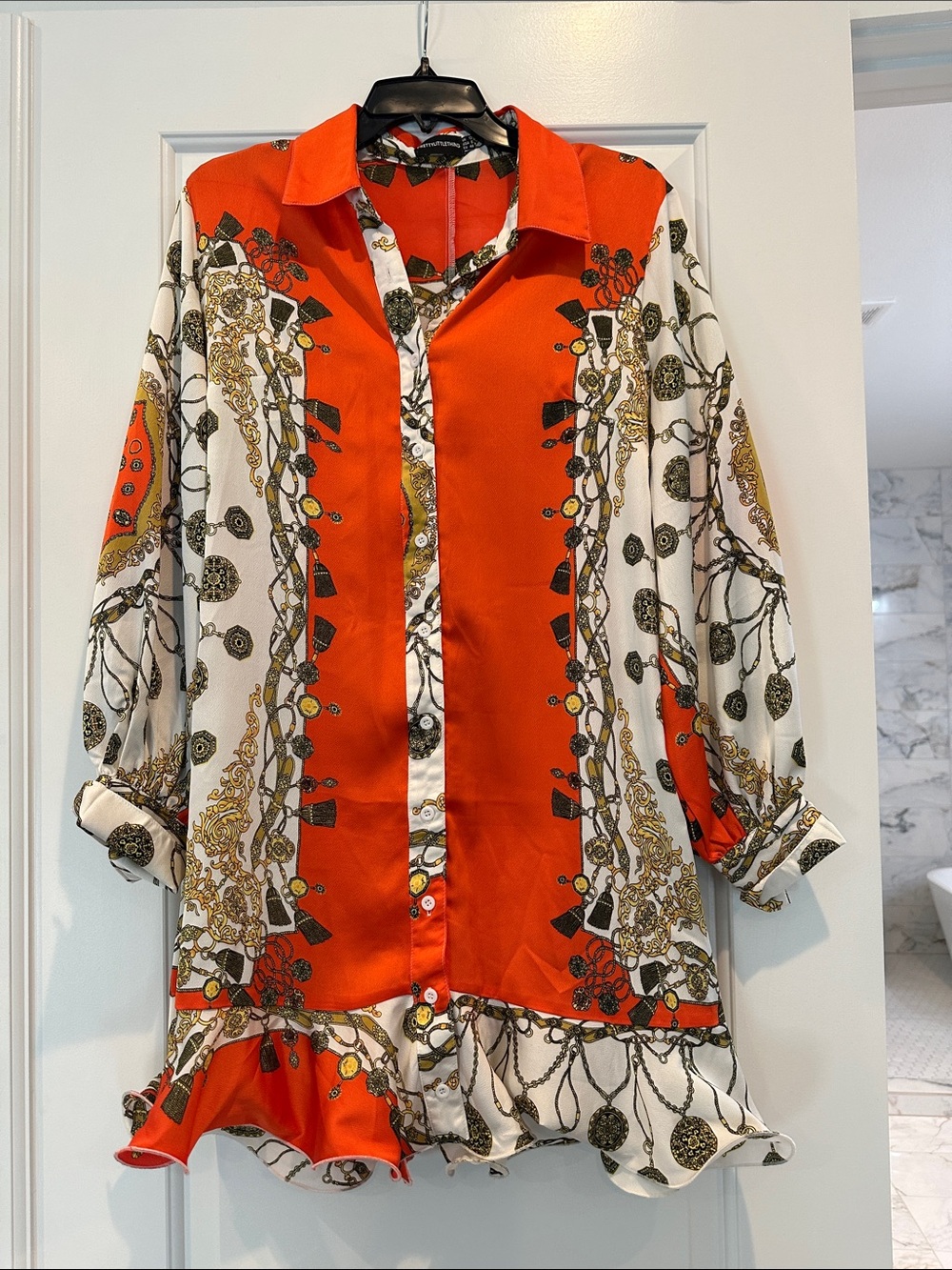 PrettyLittleThing Orange Chain-Trim Button Dress